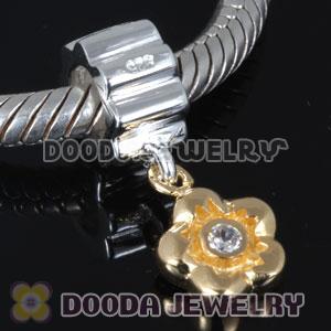European Style 925 Silver Beads Dangle Gold Plated Flower with Stone