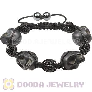 Black Skull Head Inspired String Bracelets with Pave Czech Crystal and Hemitite 