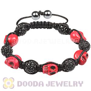 Red Skull Head Inspired String Bracelets with Pave Czech Crystal and Hemitite 