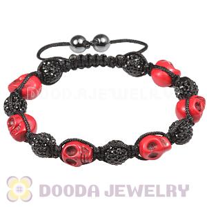 Red Skull Head Inspired Mens String Bracelets with Pave Czech Crystal and Hemitite 
