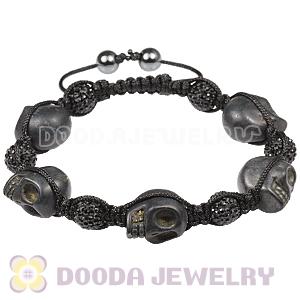 Black Skull Head Inspired Mens String Bracelets with Pave Czech Crystal and Hemitite 
