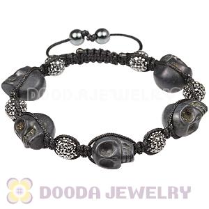 Black Skull Head Inspired Mens String Bracelets with Pave Grey Czech Crystal and Hemitite 