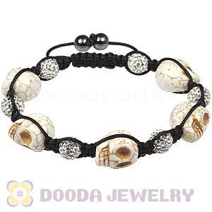 Skull Head Inspired Mens String Bracelets with Pave White Czech Crystal and Hemitite 