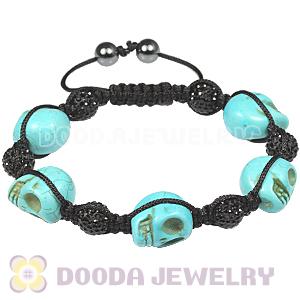 Turquoise Skull Head Inspired Mens String Bracelets with Pave Czech Crystal and Hemitite 