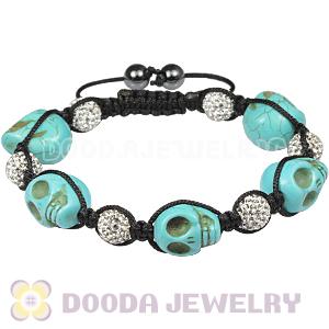 Turquoise Skull Head Inspired Mens String Bracelets with Pave White Czech Crystal and Hemitite 