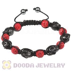 Black Skull Head Inspired Mens String Bracelets with Pave Czech Crystal and Hemitite 