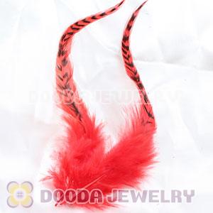 Natural Striped Red Strung Rooster Feather Hair Extension Wholesale