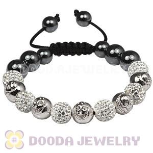 Sterling Silver Skull Head Beads String Bracelets with Pave Czech Crystal and Hematite 