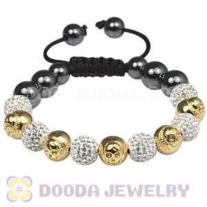 Gold Plated Silver Skull Head Beads String Bracelets with Pave Czech Crystal and Hematite 