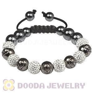 Gun Black Plated Silver Skull Head Beads String Bracelets with Pave Czech Crystal and Hematite 