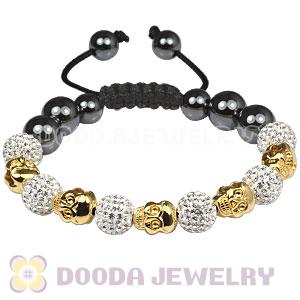 Gold Plated Silver Skull Head Beads String Bracelets with Pave Czech Crystal and Hematite 