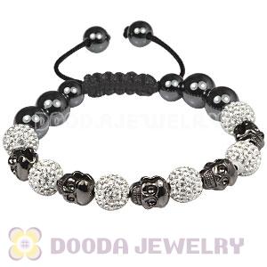 Gun Black Plated Silver Skull Head Beads String Bracelets with Pave Czech Crystal and Hematite 