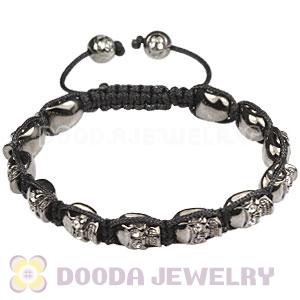 Gun Black Plated Silver Skull Head Beads Mens String Bracelet 