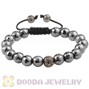 Faceted Hematite Men Macrame Bracelet With Sterling Silver Logo Bead