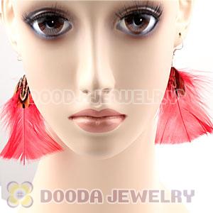 Natural Red And Grizzly Rooster Feather Earrings With Alloy Fishhook Wholesale