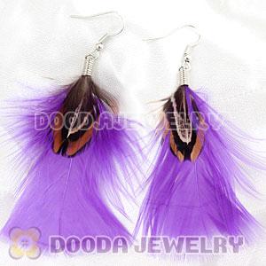 Natural Purple And Grizzly Rooster Feather Earrings With Alloy Fishhook Wholesale
