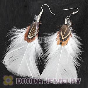 Natural Snow White And Grizzly Rooster Feather Earrings With Alloy Fishhook Wholesale
