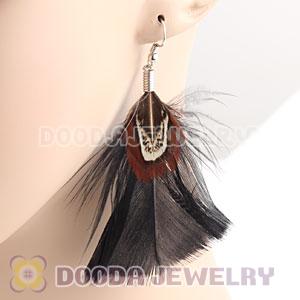 Natural Black And Grizzly Rooster Feather Earrings With Alloy Fishhook Wholesale