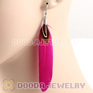 Natural Magenta And Grizzly Rooster Feather Earrings With Alloy Fishhook Wholesale