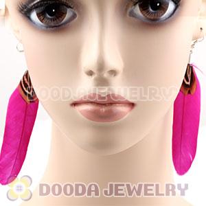 Natural Magenta And Grizzly Rooster Feather Earrings With Alloy Fishhook Wholesale