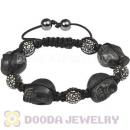 Black Skull Head Inspired String Bracelets with Pave Czech Crystal and Hemitite