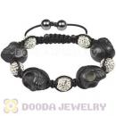 Black Skull Head Inspired String Bracelets with Pave White Czech Crystal and Hemitite