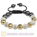 Gold Plated Silver Skull Head Beads String Bracelets with Pave Czech Crystal and Hematite