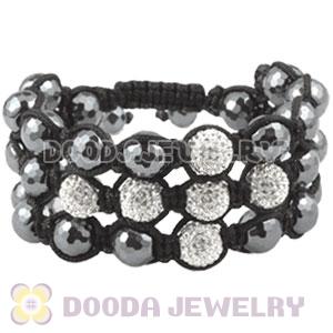 3 Row White Czech Crystal Cross Inspired String Bracelet With Faceted Hematite Beads