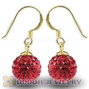10mm Red Czech Crystal Ball Gold Plated Sterling Silver Hook Earrings