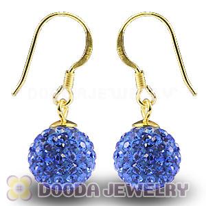 10mm Blue Czech Crystal Ball Gold Plated Sterling Silver Hook Earrings