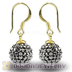 10mm Grey Czech Crystal Ball Gold Plated Sterling Silver Hook Earrings