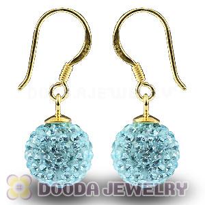 10mm Cyan Czech Crystal Ball Gold Plated Sterling Silver Hook Earrings