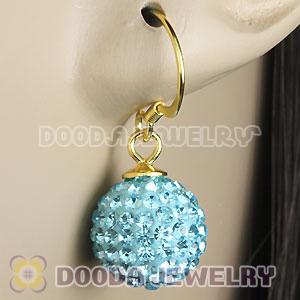 10mm Cyan Czech Crystal Ball Gold Plated Sterling Silver Hook Earrings