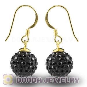 10mm Black Czech Crystal Ball Gold Plated Sterling Silver Hook Earrings