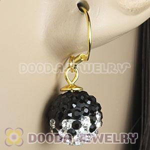 10mm Black-White Czech Crystal Ball Gold Plated Sterling Silver Hook Earrings