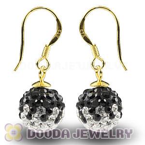 10mm Black-White Czech Crystal Ball Gold Plated Sterling Silver Hook Earrings