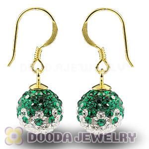 10mm Green-White Czech Crystal Ball Gold Plated Sterling Silver Hook Earrings