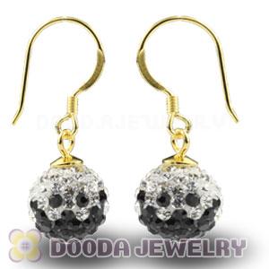 10mm Black-White Czech Crystal Ball Gold Plated Sterling Silver Hook Earrings