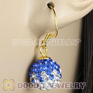 10mm Blue-White Czech Crystal Ball Gold Plated Sterling Silver Hook Earrings