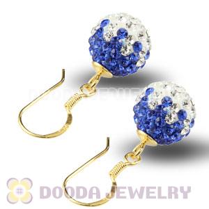 10mm Blue-White Czech Crystal Ball Gold Plated Sterling Silver Hook Earrings