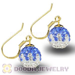 10mm Blue-White Czech Crystal Ball Gold Plated Sterling Silver Hook Earrings