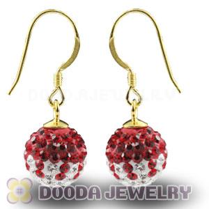 10mm Red-White Czech Crystal Ball Gold Plated Sterling Silver Hook Earrings