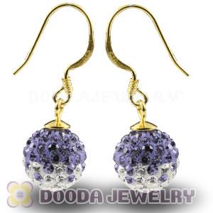 10mm Purple -White Czech Crystal Ball Gold Plated Sterling Silver Hook Earrings