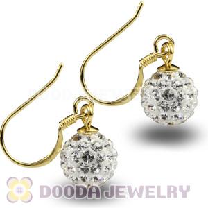 8mm White Czech Crystal Ball Gold Plated Sterling Silver Hook Earrings