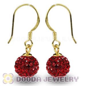 8mm Red Czech Crystal Ball Gold Plated Sterling Silver Hook Earrings
