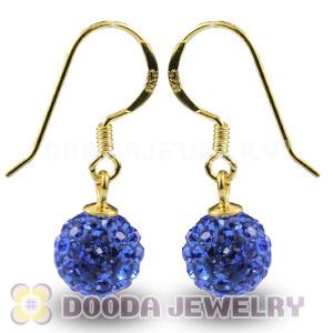 8mm Blue Czech Crystal Ball Gold Plated Sterling Silver Hook Earrings