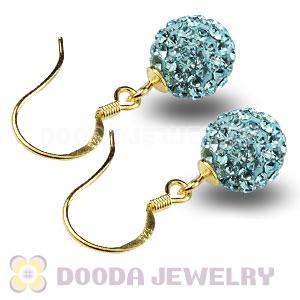 8mm Cyan Czech Crystal Ball Gold Plated Sterling Silver Hook Earrings