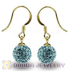 8mm Cyan Czech Crystal Ball Gold Plated Sterling Silver Hook Earrings