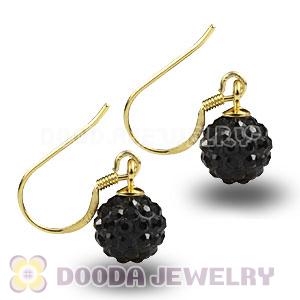 8mm Black Czech Crystal Ball Gold Plated Sterling Silver Hook Earrings
