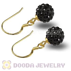 8mm Black Czech Crystal Ball Gold Plated Sterling Silver Hook Earrings